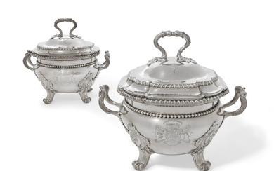 A PAIR OF GEORGE III SILVER SOUP-TUREENS, COVERS AND LINERS, MARK OF FREDERICK KANDLER, LONDON, 1772