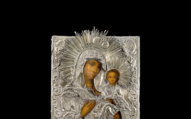 A silver icon representing the Virgin Odighitria. Saint Petersburg, mid 19th century. Silversmith F. Faber (cm 22x27 ca.) (defects and...