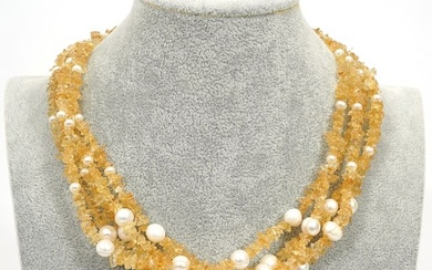5-Strand Sterling Necklace Pearls Citrine Nuggets
