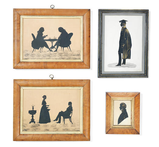 Attributed to Alfred Herve (British, 1812-1879): A full length profile portrait silhouette of Thomas Wiltshire, dated 1847, together with a pair mid 19th cut paper figural silhouette pictures a similar period painted bust profile portrait silhouette...