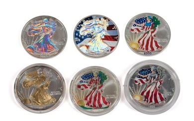 6 PAINTED & HIGHLIGHTED AMERICAN EAGLE SILVER $1