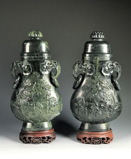 Pair of Large Carved Spinach Jade Covered Veses