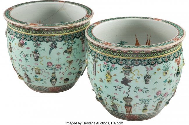 78199: A Pair of Chinese Molded and Enameled Porcelain