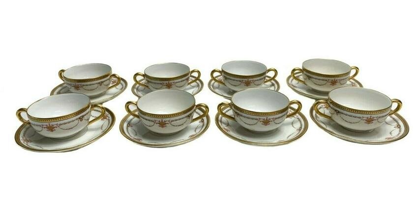 8 Bernardaud Limoges Porcelain Bouillion Cups & Saucers