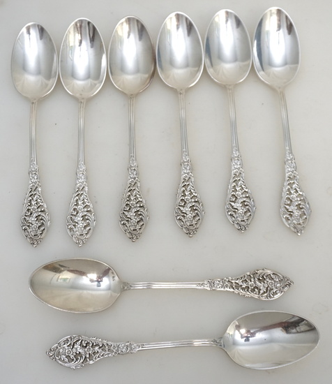 8 STERLING SILVER FLORENTINE LACE OVAL DESSERT / SOUP SPOONS