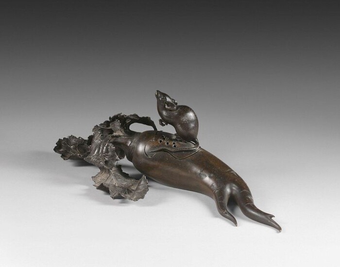 99- Bronze perfume burner with brown patina showing...