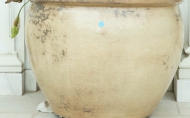 Pair of Chinese Crackle Glaze Ceramic Jardinières; Together with Six Glazed Ceramic Pot Rests