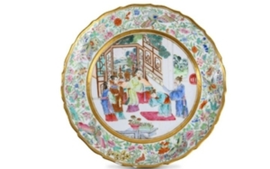 A CHINESE FAMILLE ROSE FIGURATIVE DISH.