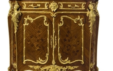A FRENCH ORMOLU-MOUNTED AMARANTH AND TULIPWOOD MARQUETRY MEUBLE À HAUTEUR D'APPUI, OF LOUIS XV STYLE, LATE 19TH/EARLY 20TH CENTURY