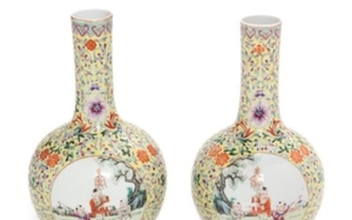 * A Pair of Yellow Ground Famille Rose Porcelain Bottle Vases