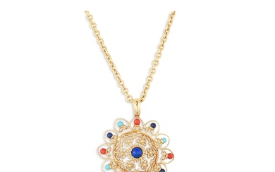 A 18CT GOLD STONE SET PENDANT, on a 18ct yellow gold chain, ...