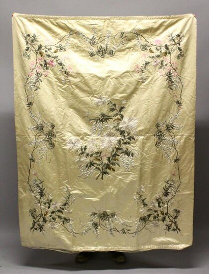 A 19TH CENTURY CHINESE EMBROIDERED SILK PANEL OF FLORA