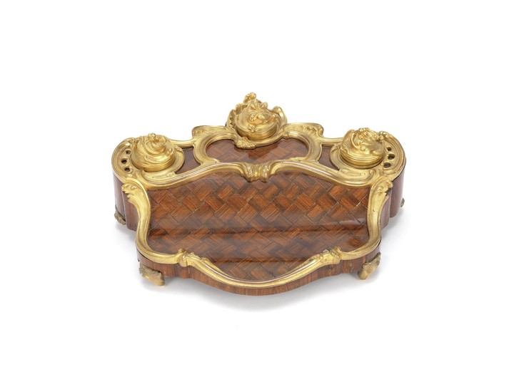 A 19th century French gilt bronze mounted kingwood and parquetry inlaid encrier