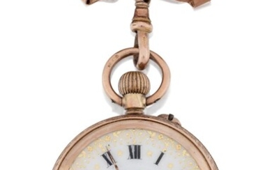 A 19th century gold open face keyless fob watch, Circa 1860 with 9ct gold ribbon bow brooch attachment, the white enamel dial with roman black numerals to foliate chased case, cylinder movement, the interior of case with inscription dated 1918...