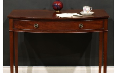 A 19th century mahogany bowfront side table, oversailing top...