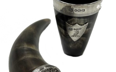 A 19th century silver topped horn snuff mull together with a later silver topped horn beaker