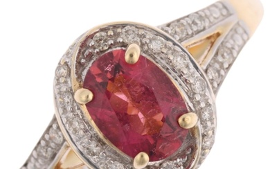 A 9ct gold pink tourmaline and diamond oval cluster ring, ma...