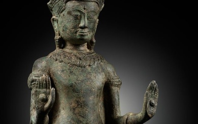 A BRONZE FIGURE OF CROWNED BUDDHA, ANGKOR PERIOD