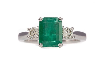 A CERTIFICATED TREATED EMERALD AND DIAMOND RING