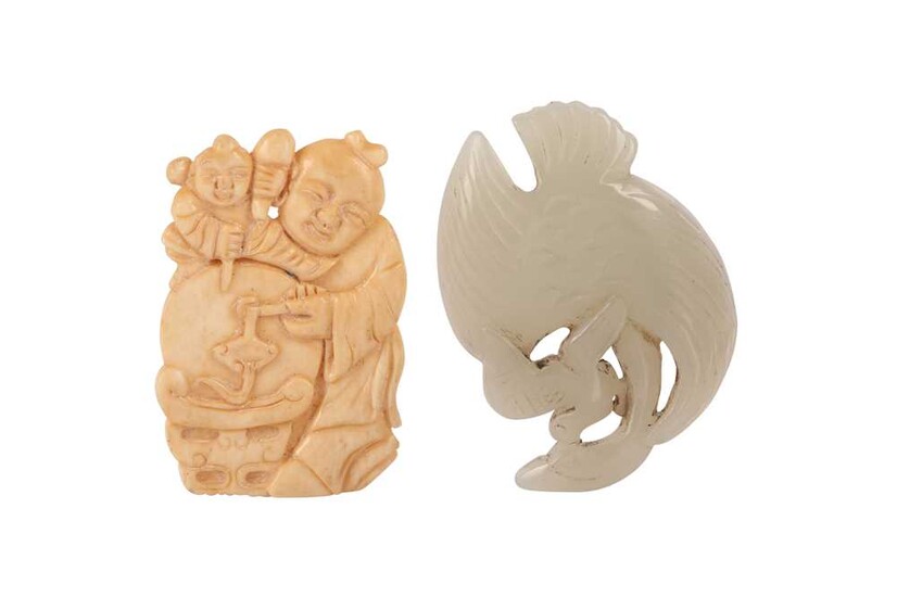 A CHINESE PALE CELADON 'BIRD' GROUP AND A BONE 'BOYS' CARVING.