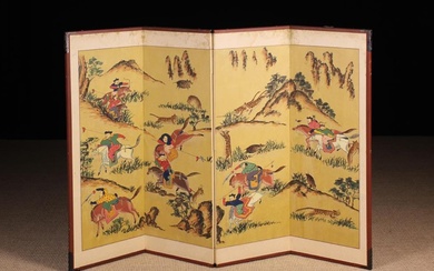 A Chinese Export Four Fold Paper Screen painted with a hunting scene, 36'' (91 cm) high, each leaf 1