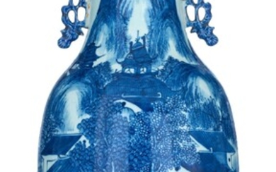 A Chinese blue and white 'Village and Mountain' vase, paired with lingzhi-shaped handles, late 19thC, H 58,5 cm