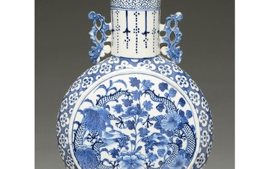 A Chinese blue and white moon flask, 19th c, painted to eith...