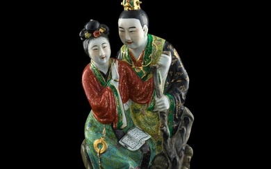 A Chinese carved porcelain couple, Republic period