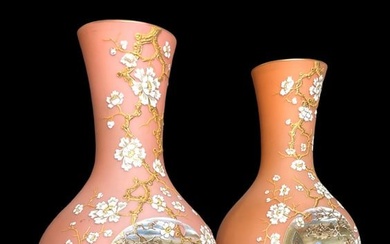 A Fine Large Pair Of 19th C. French Baccarat Hand Painted Opaline Bronze Vases