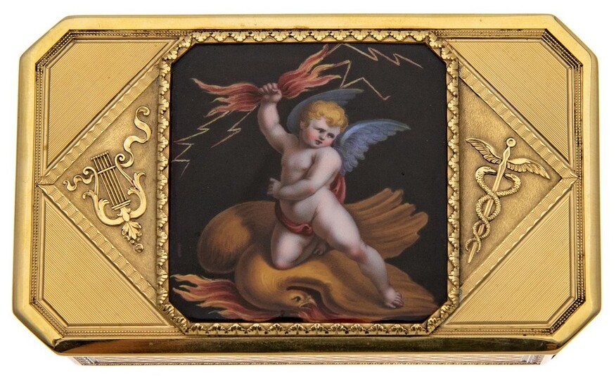 A Fine Porcelain Mounted Cigarette Box Porcelain mount depicting baby (possibly Hermes) with th...
