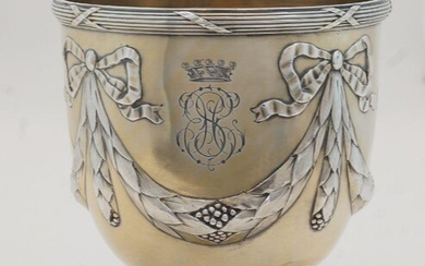A French gilded vase, c.1900, 950 standard, marked A. RISLER & CARRE PARIS to underside, on circular beaded foot, chased with festoons of laurel and with reed-and-tie rims, engraved with a coronet, monogram, Schroder crest and with engraved dates...