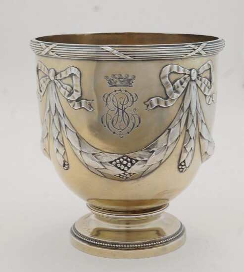 A French gilded vase, c.1900, 950 standard, marked A. RISLER & CARRE PARIS to underside, on circular beaded foot, chased with festoons of laurel and with reed-and-tie rims, engraved with a coronet, monogram, Schroder crest and with engraved dates...