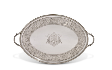 A GEORGE III SILVER TWO-HANDLED TRAY MARK OF JOHN CROUCH...