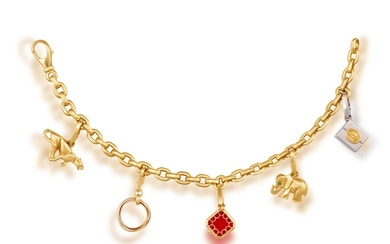 A GOLD CHARM BRACELET, BY CARTIER The belcher-link chain br...