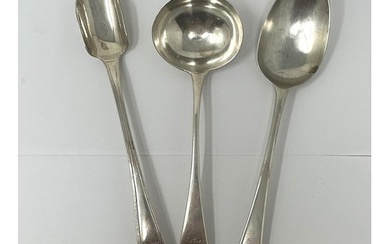 A George III silver cheese scoop, an Old English pattern lad...