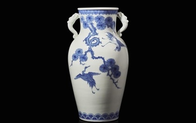 A Japanese Hirado blue and white porcelain "Crane and Pines" vase, decorated by Imamura Rokuro