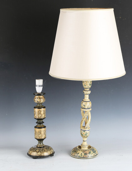 A Kashmiri table lamp with open spiral stem, height 40cm, and another similar table lamp, height 32c