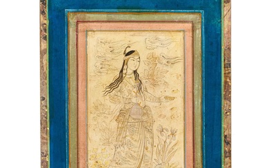 A LADY WITH A WINE CUP AND WINE BOTTLE, PERSIA, 18TH/19TH CENTURY