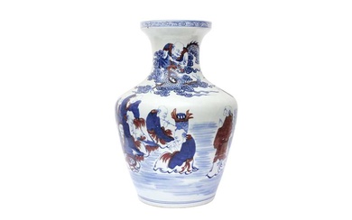 A LARGE CHINESE BLUE AND WHITE AND COPPER-RED 'IMMORTALS' VASE 晚清 青花釉裡紅仙人圖紋瓶