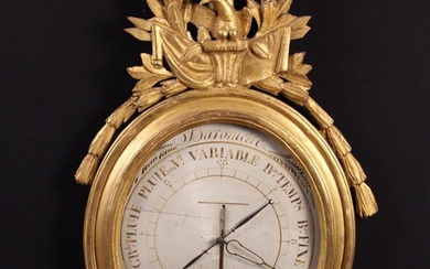 A Late 18th Century French Barometer in carved giltwood frame. The oval sepia painted wooden dial in