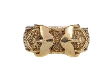 A NINE CARAT GOLD BUCKLE RING