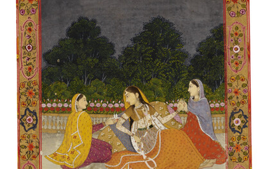 A PAINTING OF A LADY WITH HER ATTENDANTS ON A TERRACE INDIA, MUGHAL, CIRCA 1750