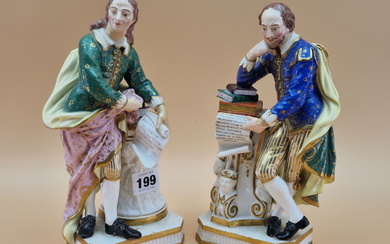 A PAIR OF 19th C. DERBY FIGURES OF SHAKESPEARE AND OF MILTON STANDING BY COLUMNS BEARING THEIR