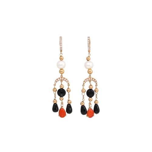 A PAIR OF CORAL, DIAMOND, PEARL AND ONYX EARRINGS, of chande...
