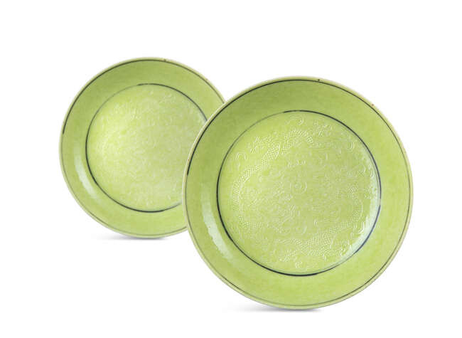 *A PAIR OF ‘DRAGON’ LIME GREEN PORCELAIN PLATES...