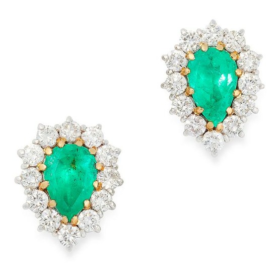 A PAIR OF EMERALD AND DIAMOND CLUSTER EARRINGS each
