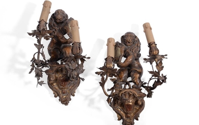 A PAIR OF ITALIAN TWIN-LIGHT GILT METAL WALL SCONCES, PROBABLY VENETIAN, SECOND HALF 18TH CENTURY
