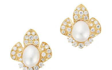 A PAIR OF PEARL AND DIAMOND FLOWER CLIP EARRINGS e ...