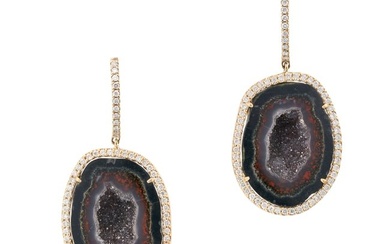 A PAIR OF QUARTZ GEODE AND DIAMOND DROP EARRINGS each designed as a hoop set with a row of round cut