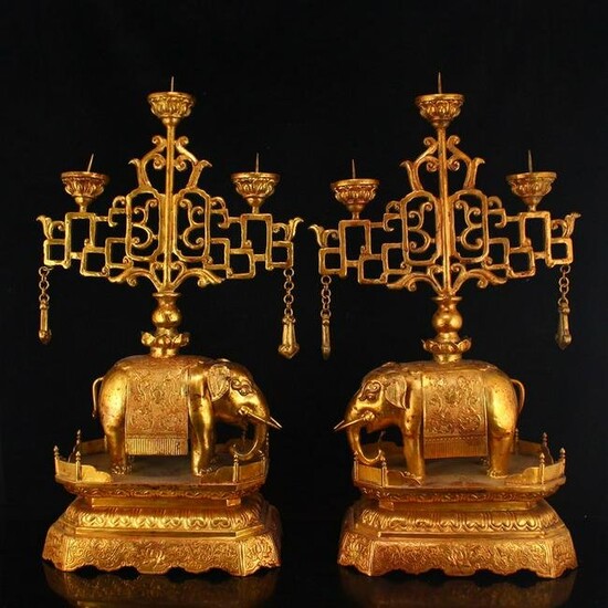 A Pair Vintage Chinese Gilt Gold Red Copper Lucky